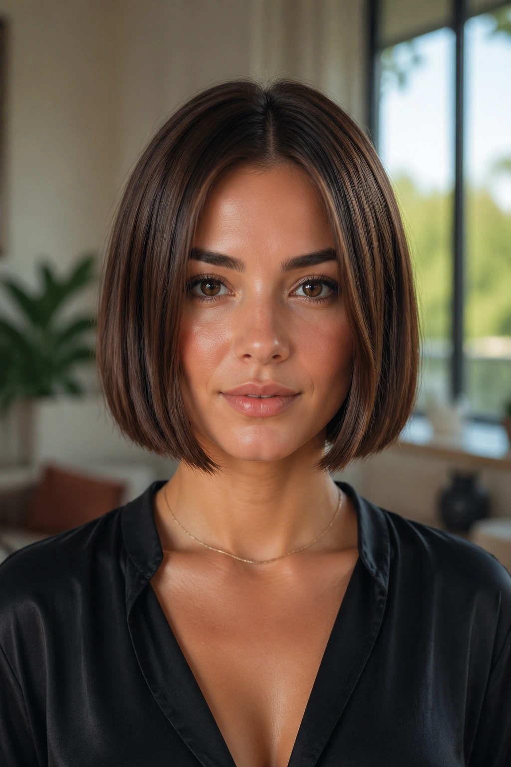 Real woman with a chestnut blunt bob, chin-length straight cut.
