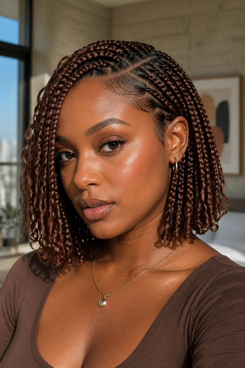 Close-up of real woman with chestnut brown bob-length boho knotless braids