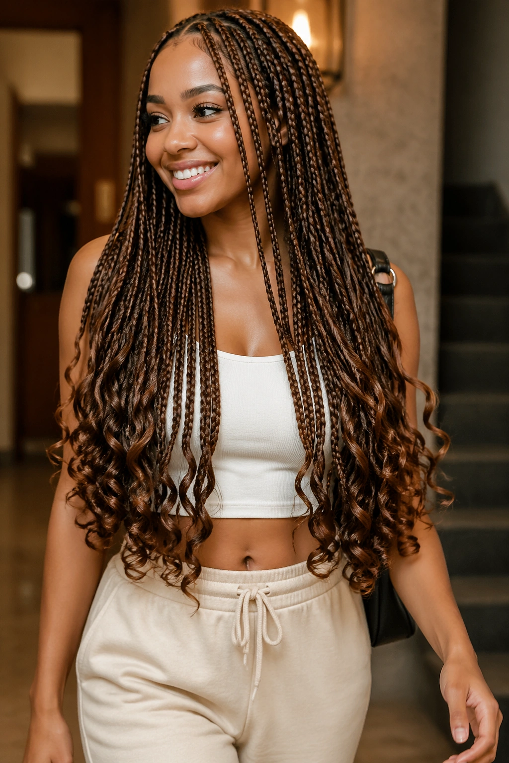 Close-up of a real person with chestnut brown braids and curly ends