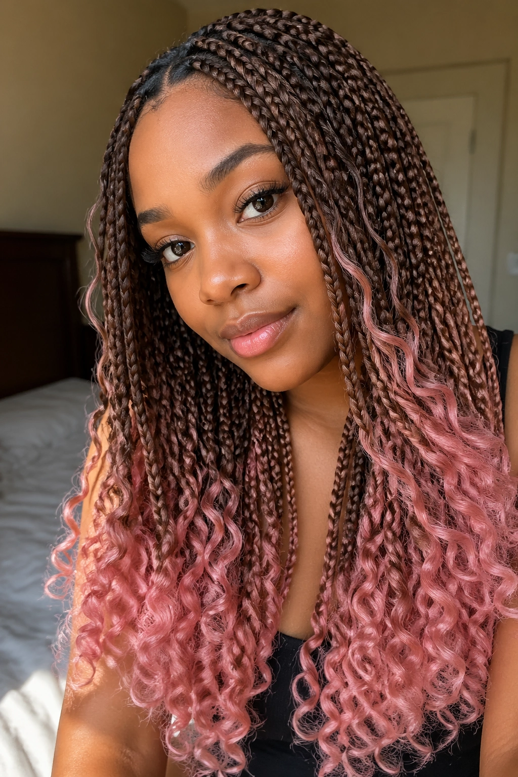 Close-up of chestnut brown box braids with cotton-candy curls and pink ends on a real person, warm window light