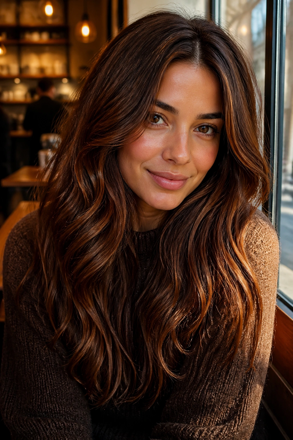 Close-up portrait of a real woman with chestnut brown hair in warm fall light