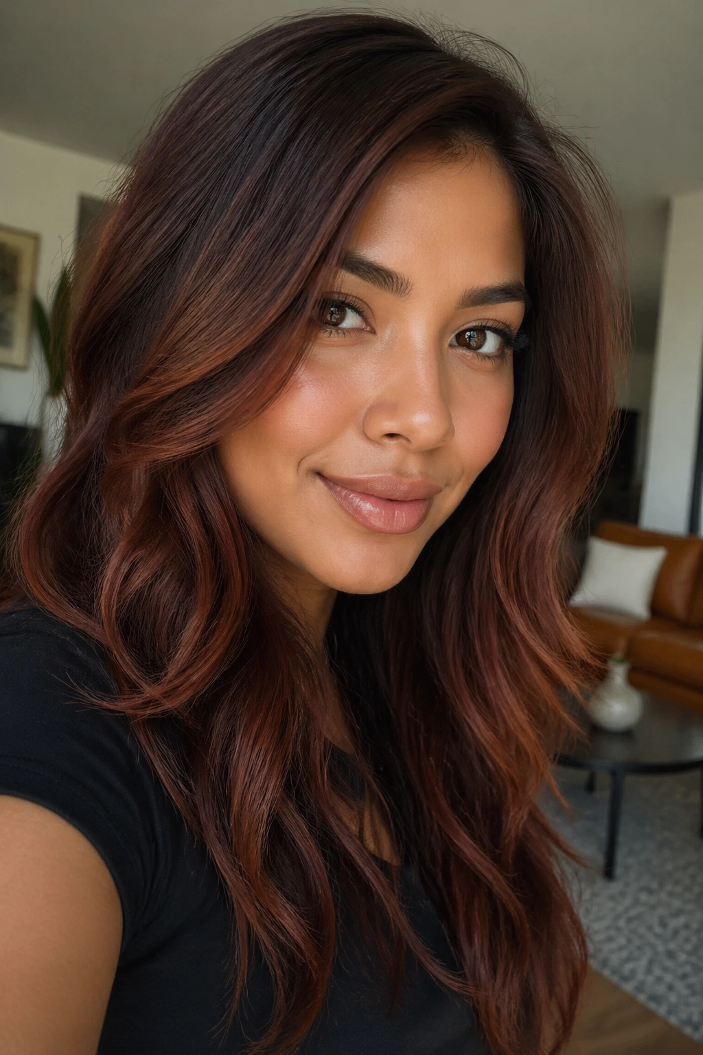 Close-up portrait of a woman with chestnut brown hair and red-brown highlights framing her face in warm window light.