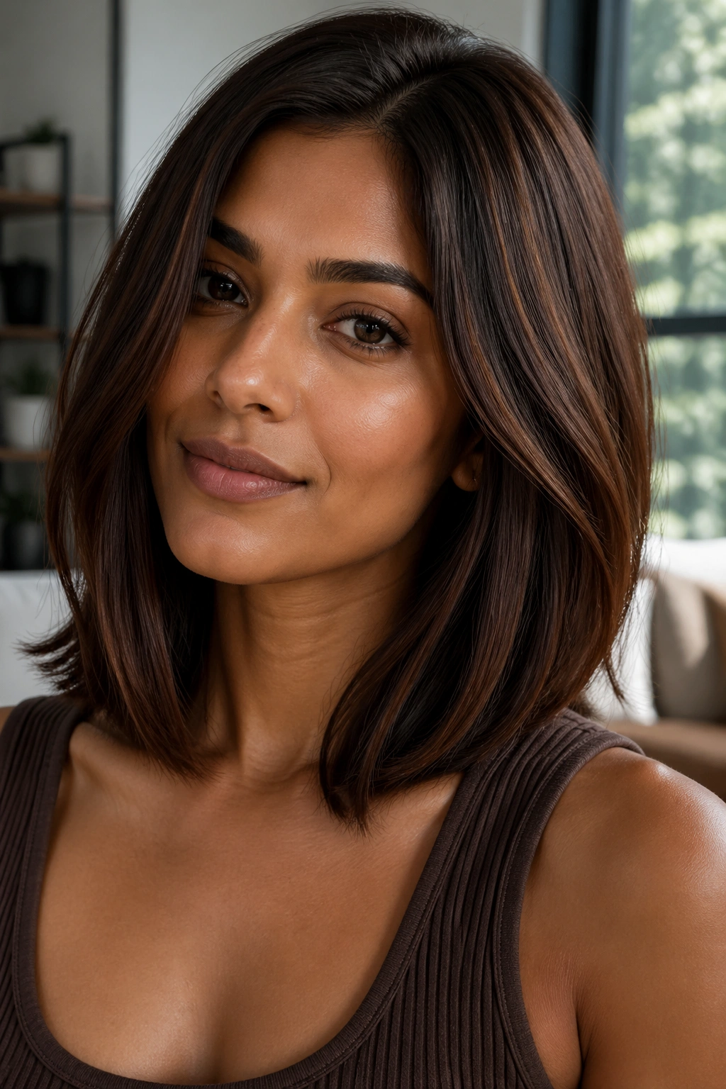 Portrait of a woman with chestnut chocolate lob in soft daylight.