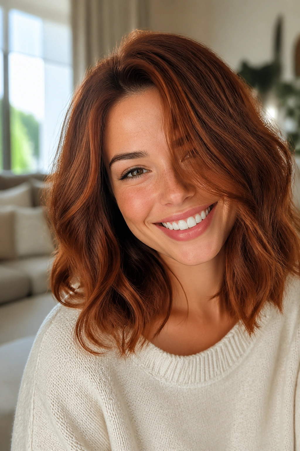 Close-up portrait of a woman with chestnut copper hair in warm window light