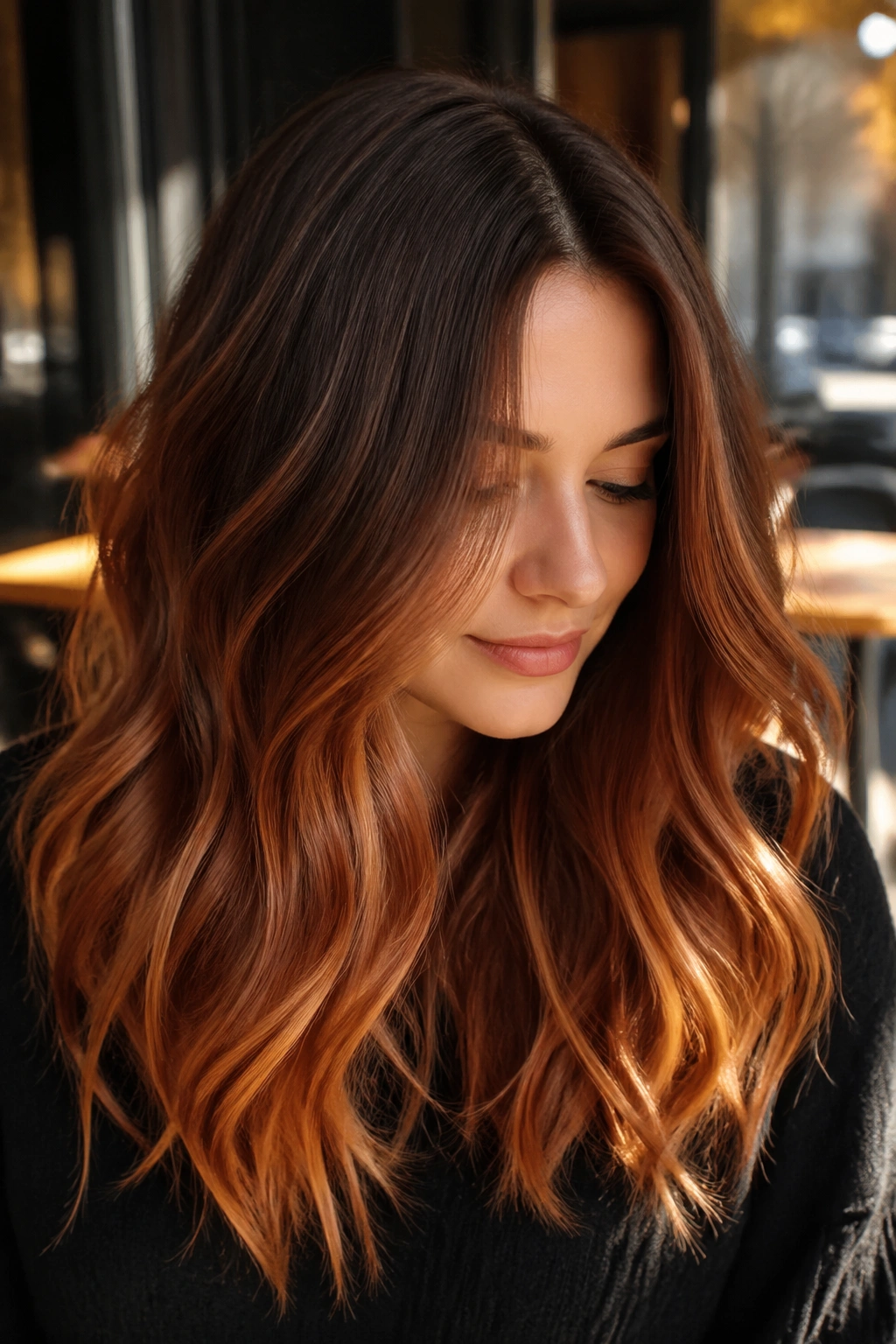 Close-up portrait of a real person with chestnut to copper ombre in warm light