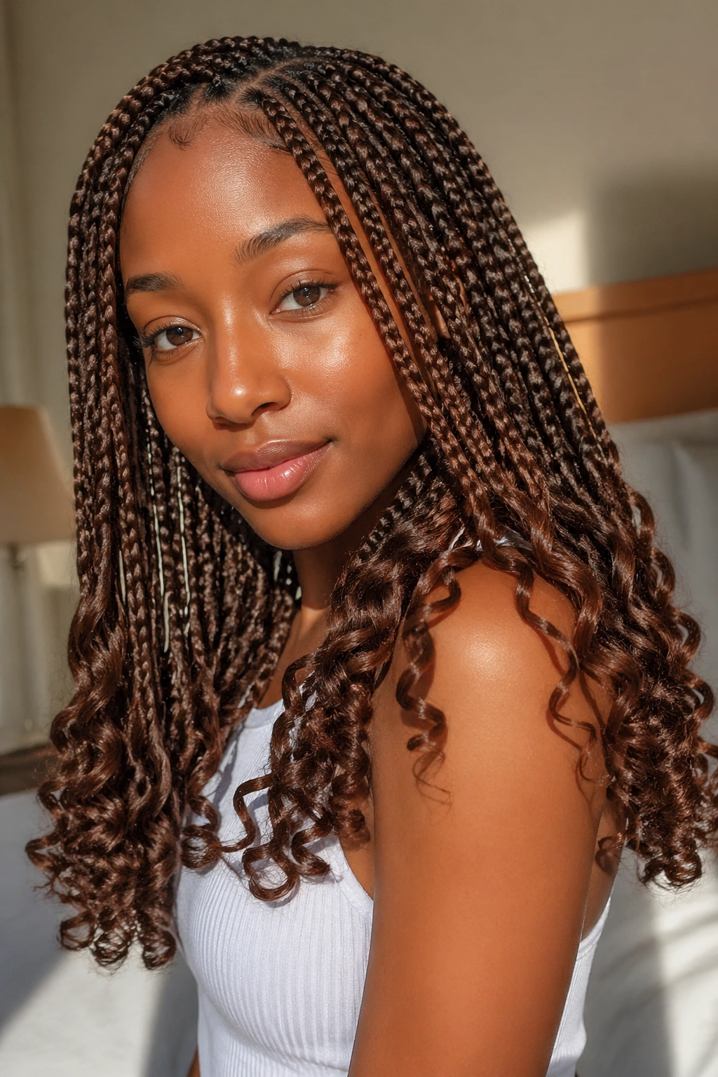 Close-up of a real woman's chestnut knotless braids with soft curl ends