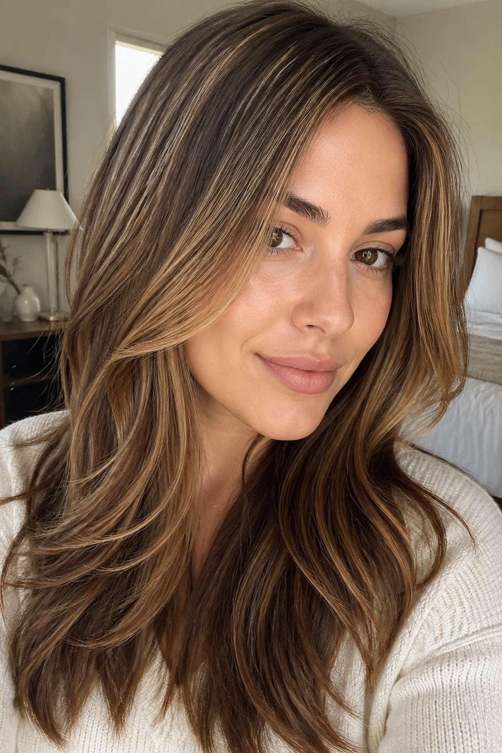 Close-up of chestnut lowlights and honey highlights in hair