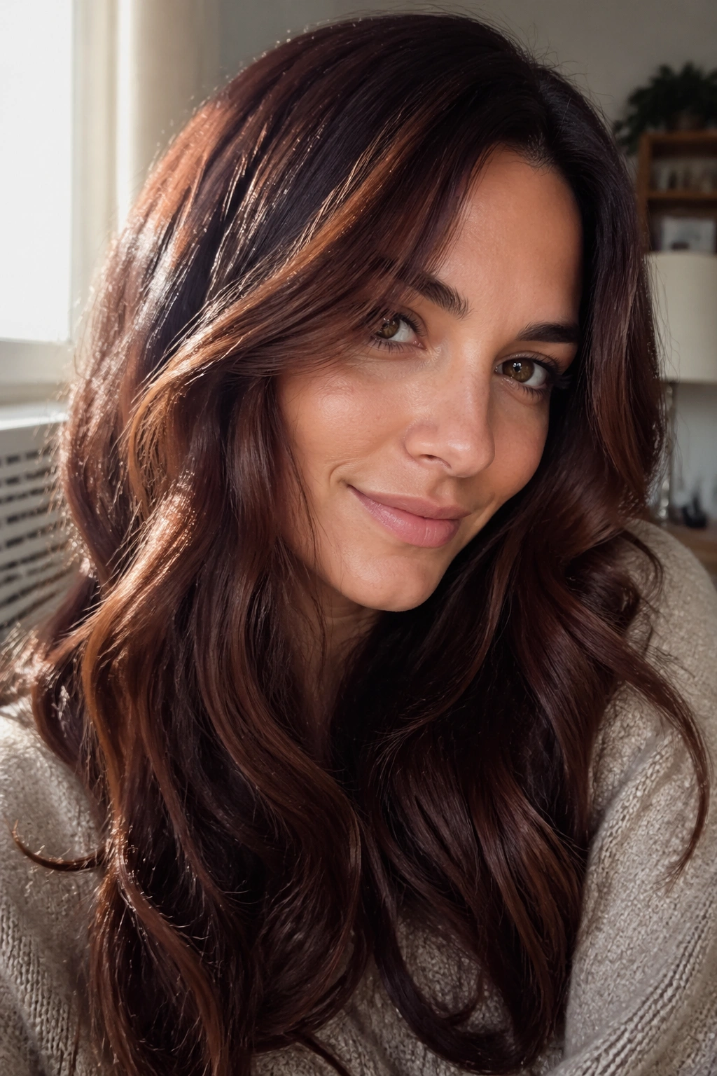 Close-up of a person with chestnut mahogany hair in soft waves by a window.