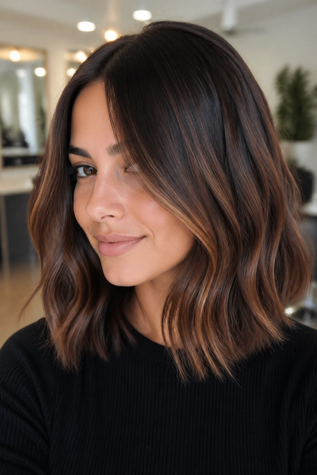 Close-up of a real woman with chestnut melt balayage on a shoulder-grazing lob