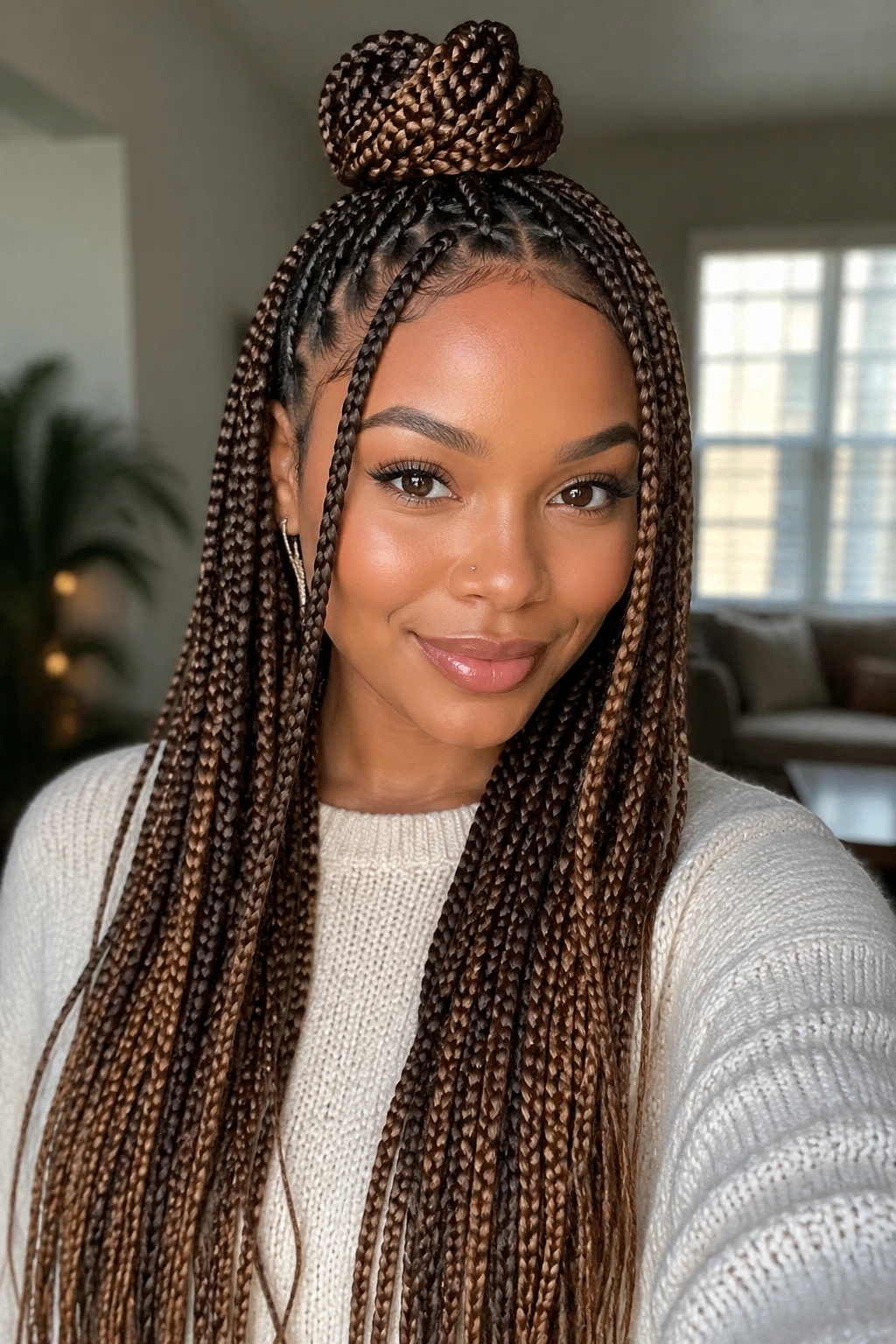 Portrait of a real woman with chestnut ombré braids in a half-up top knot under warm window light