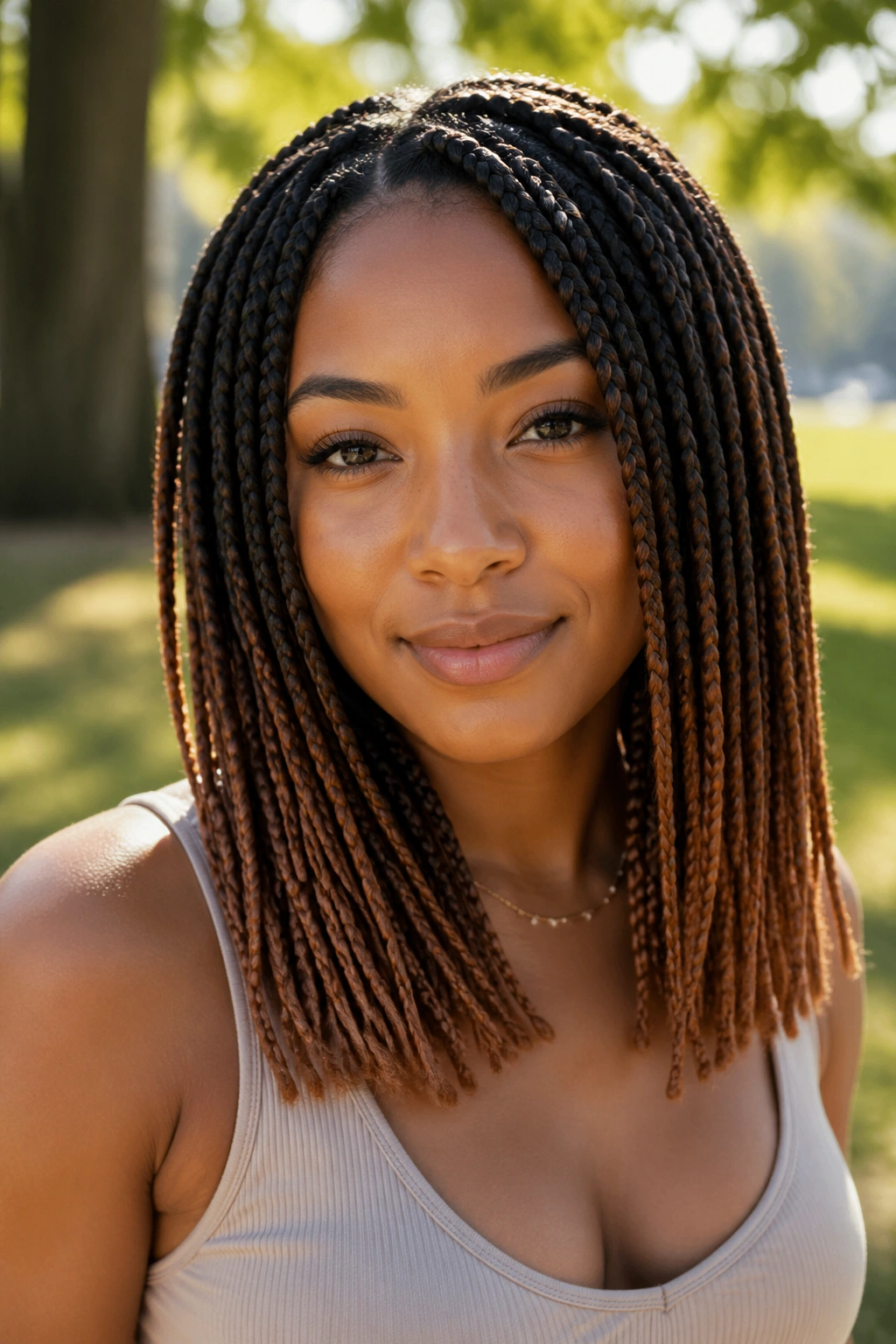 Close-up of chestnut ombre ends on medium box braids with dark roots and lighter ends