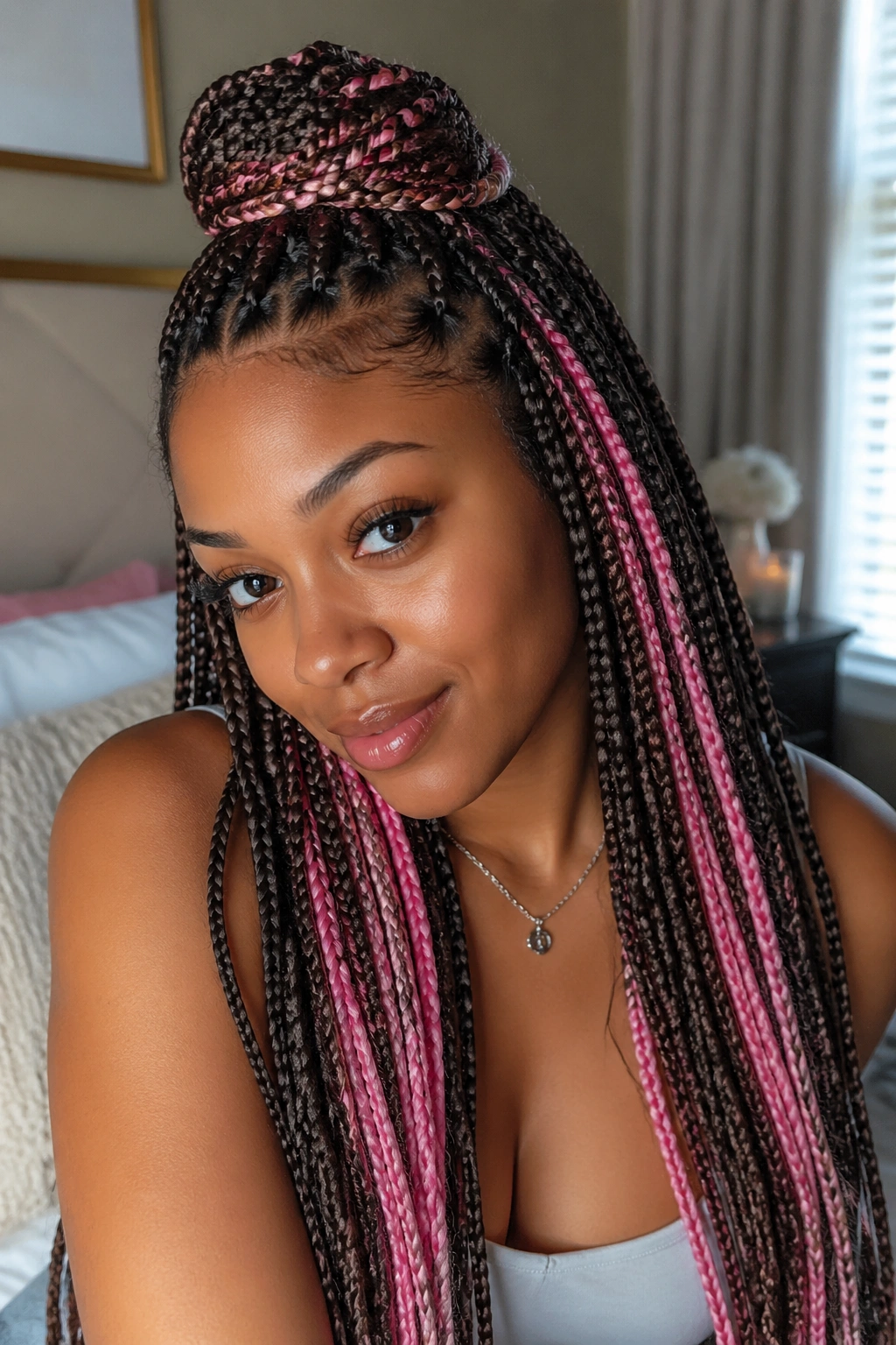 Portrait of a real person with chestnut brown and pink braids in a half-up style
