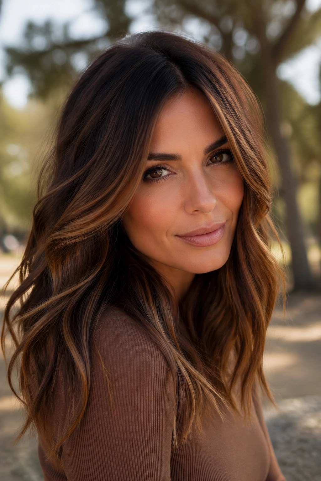 Close-up of chestnut toffee balayage with warm ribbons on dark brown hair