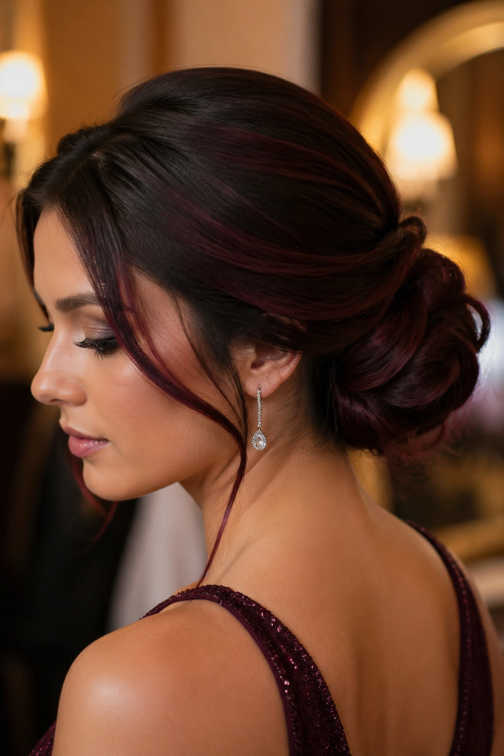Chignon with burgundy undertones on a real woman.