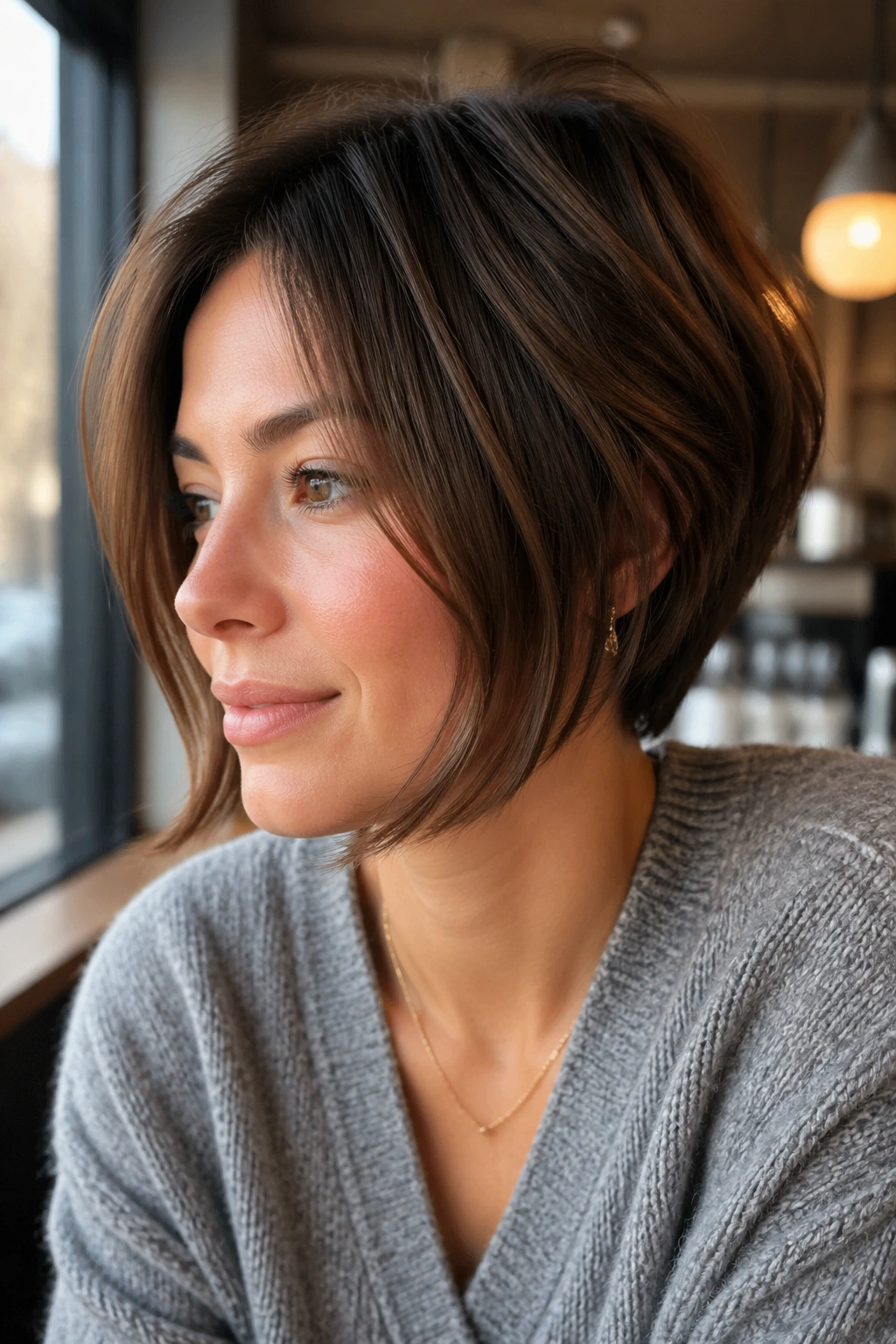 Close-up of a real woman with chin-grazing bixie and long front pieces