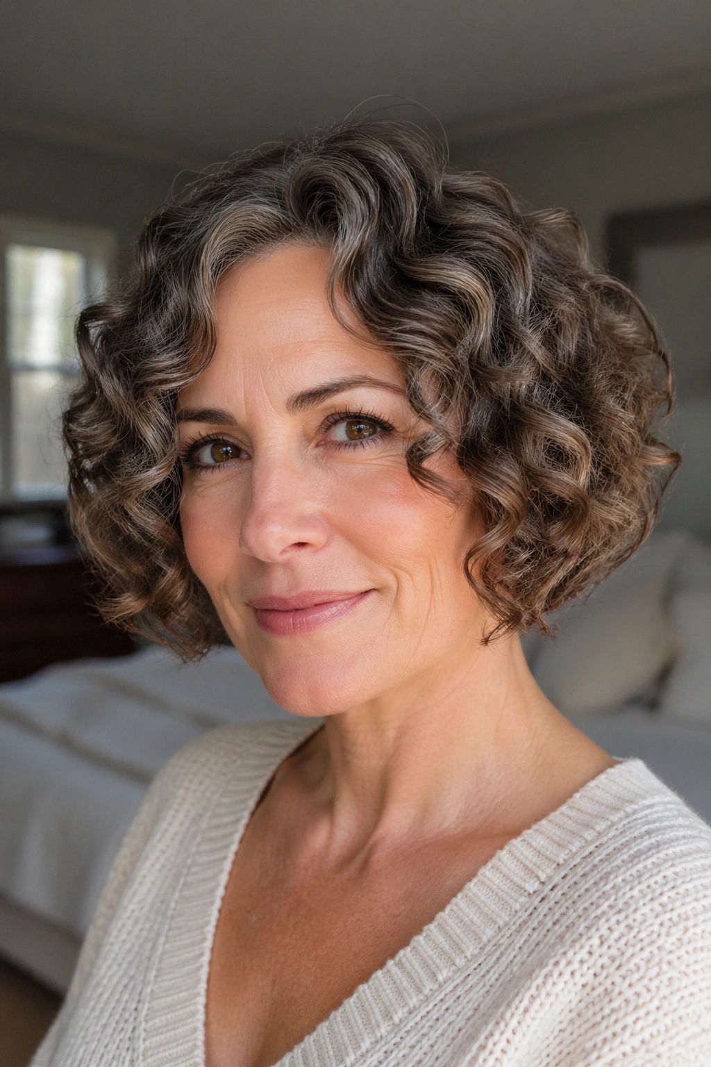 Chin-Grazing curly bob close-up portrait on real woman with soft-ended curls framing jaw
