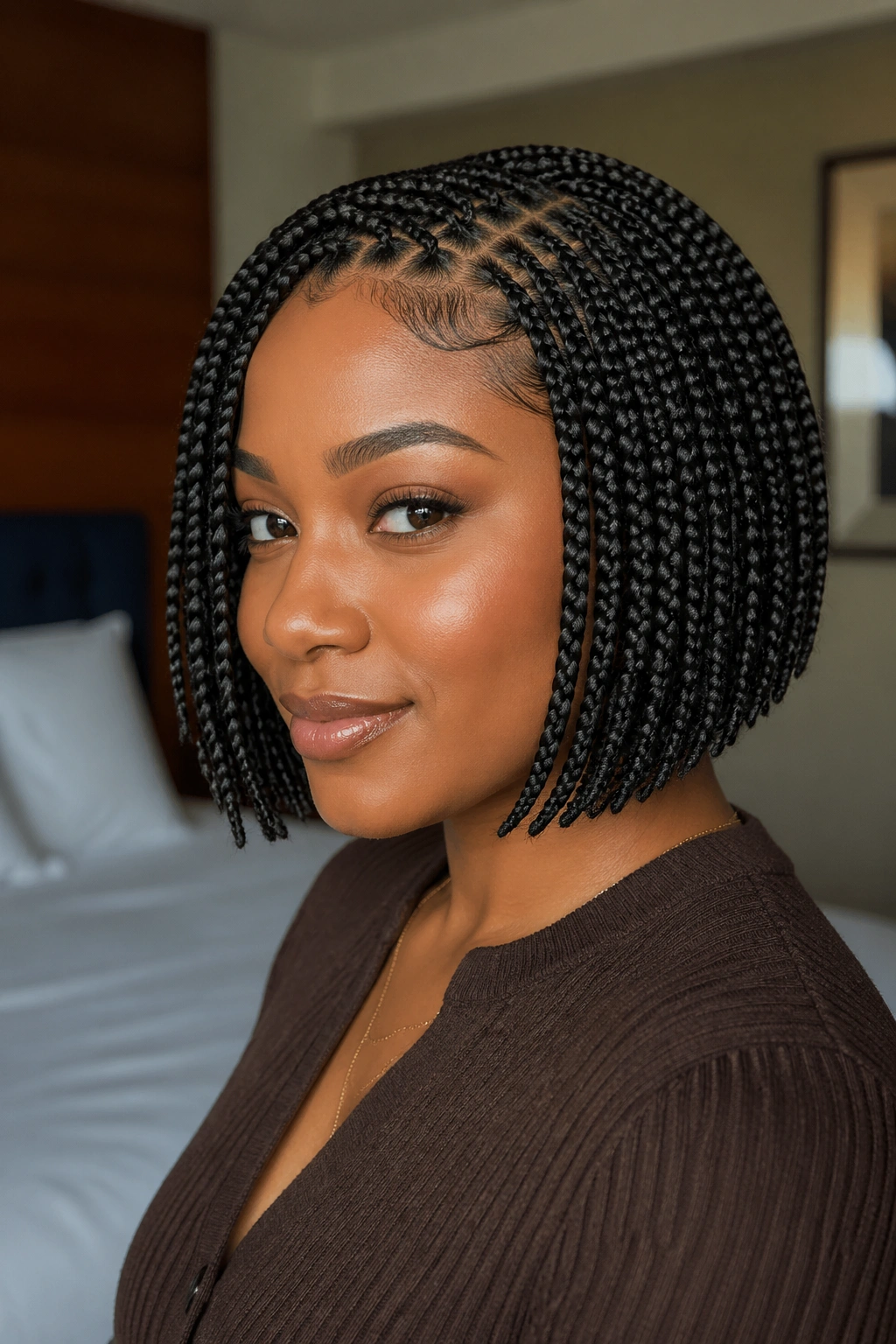 Close-up of a woman with a chin-grazing tree braid bob