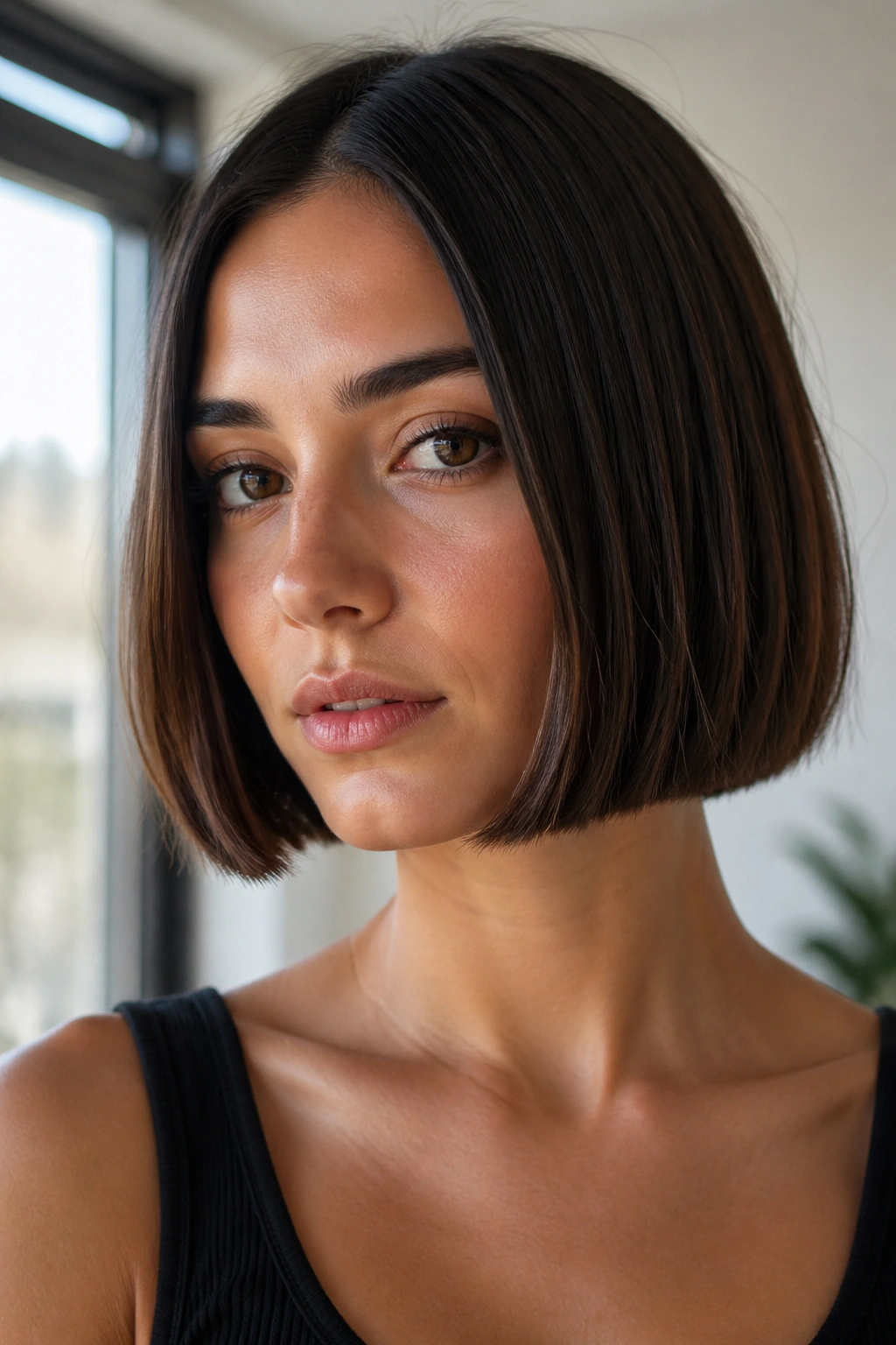 Close-up of a real woman with a chin-length blunt bob in bright light