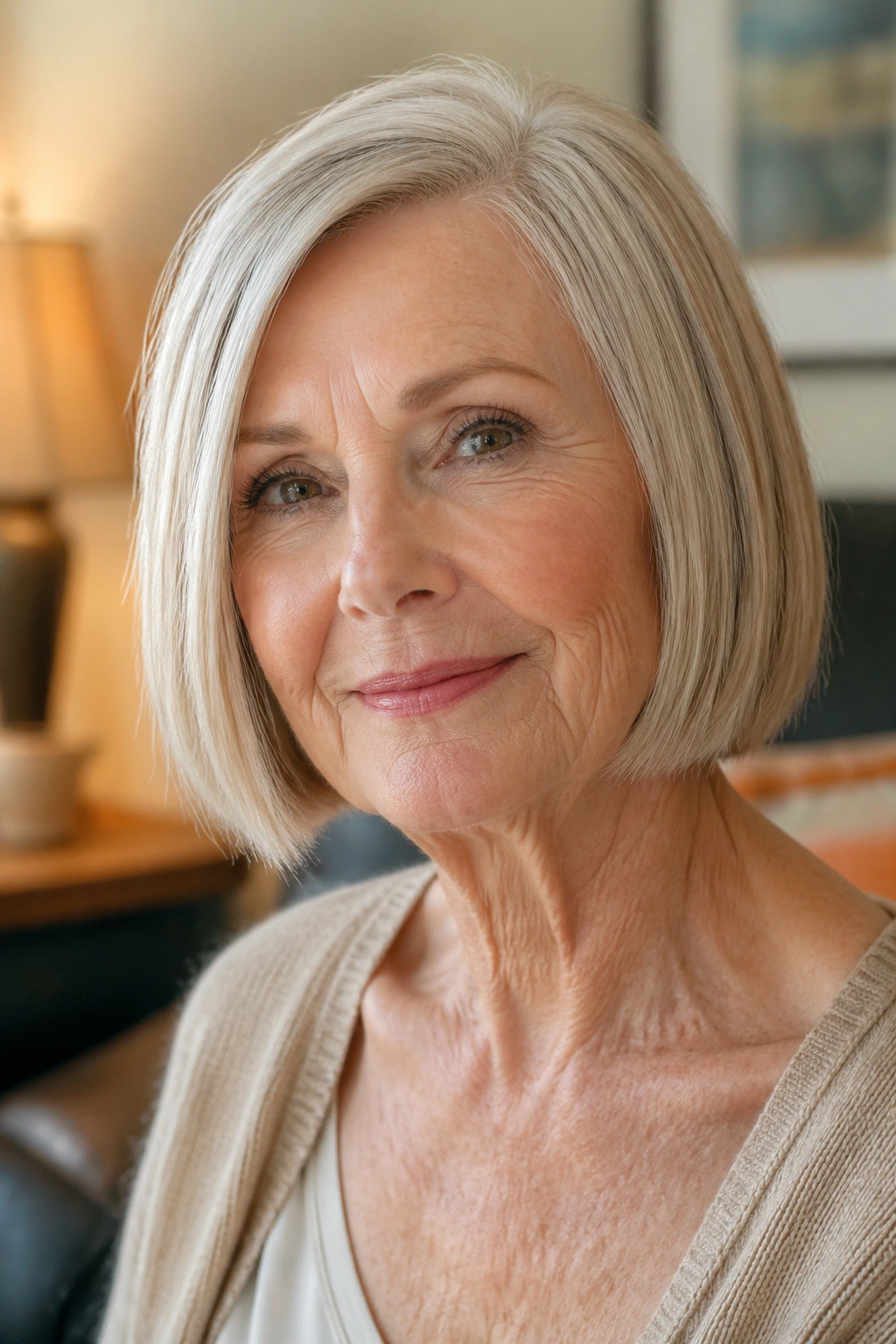 Senior woman with chin-length blunt bob