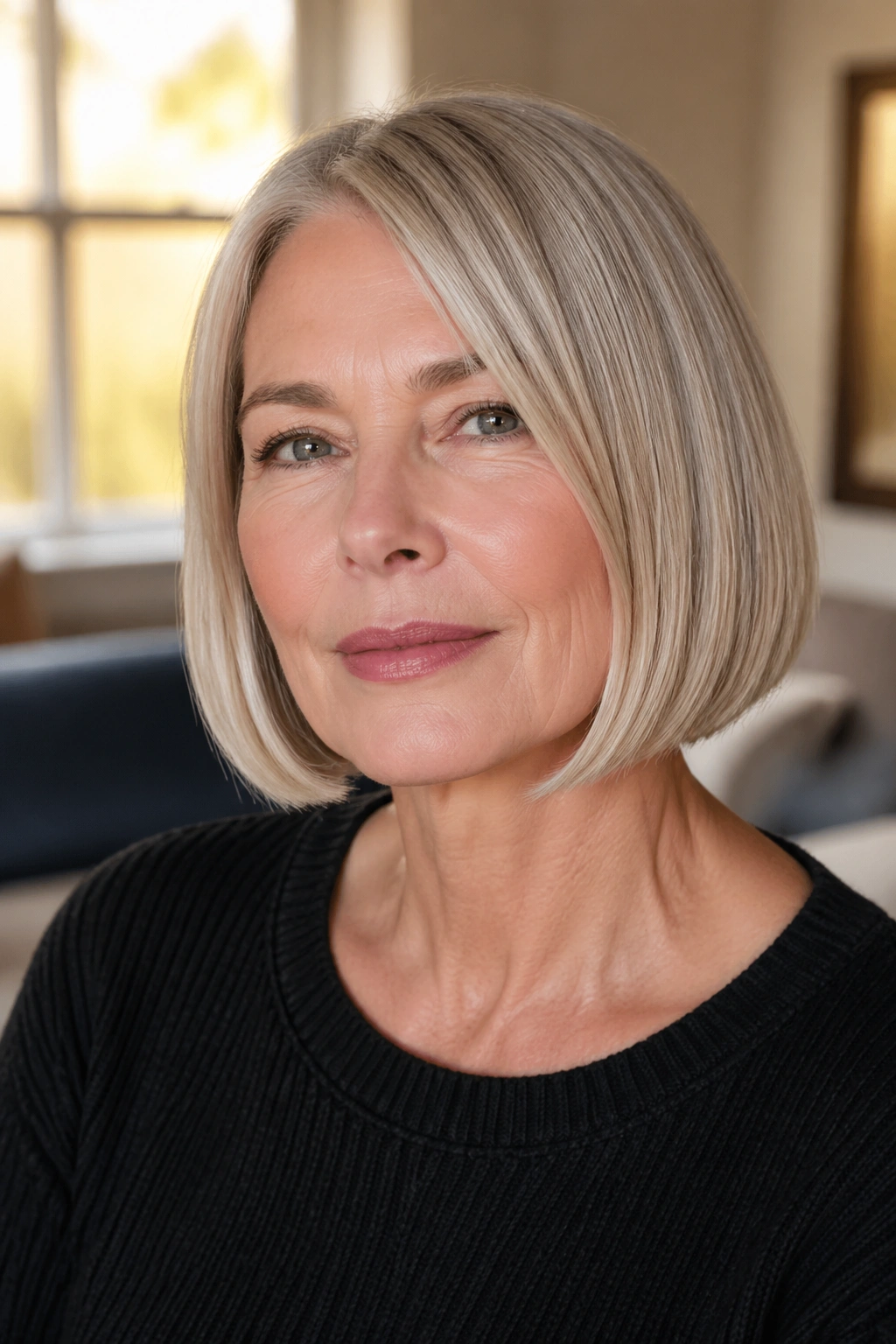 Close-up portrait of a woman wearing a chin-length blunt bob under warm window light.
