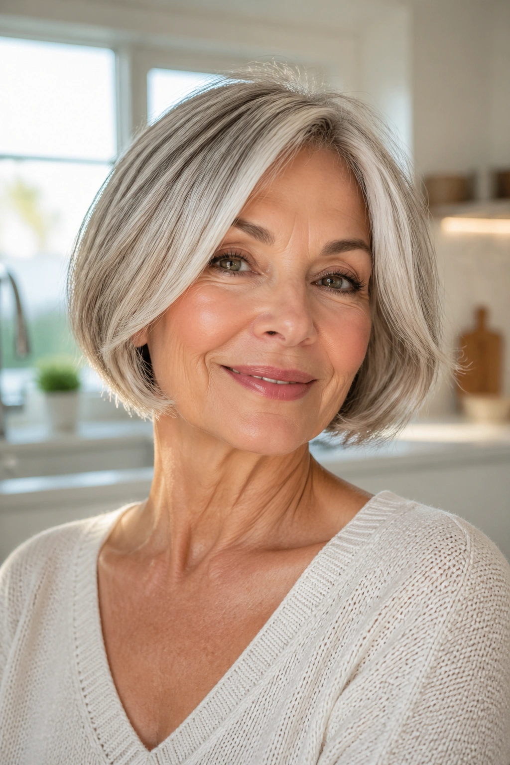 Close-up portrait of a real woman with chin-length bob and airy ends