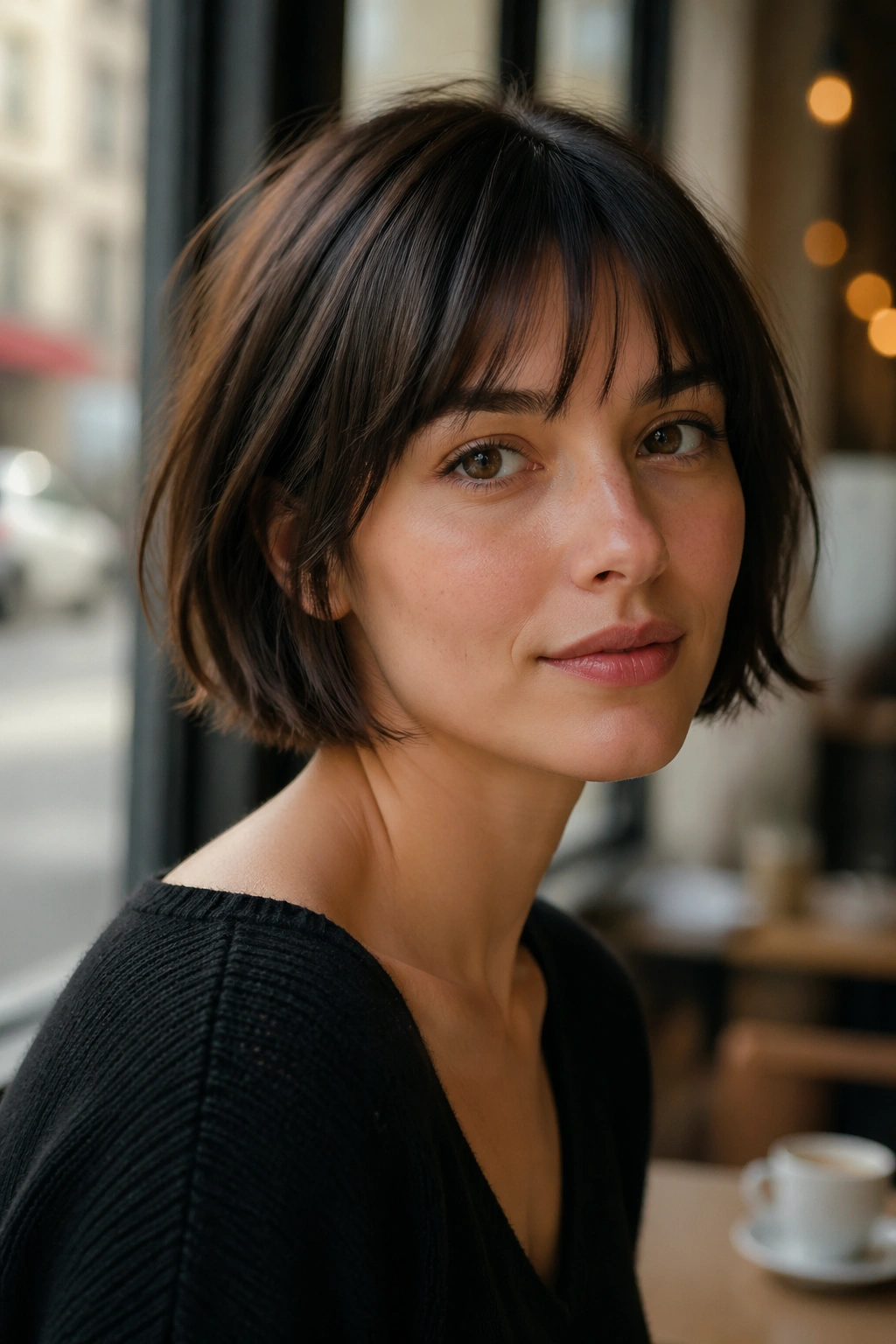 Portrait of a real woman with chin-length French bob and barely-there fringe in soft window light
