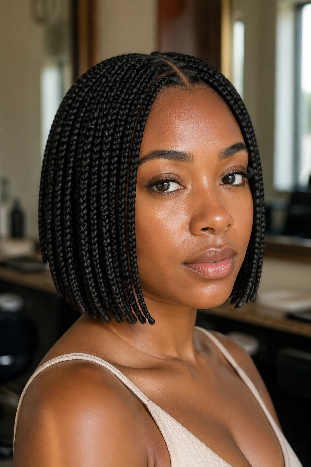 Close-up portrait of a real Black woman with a chin-length box braid bob and center part