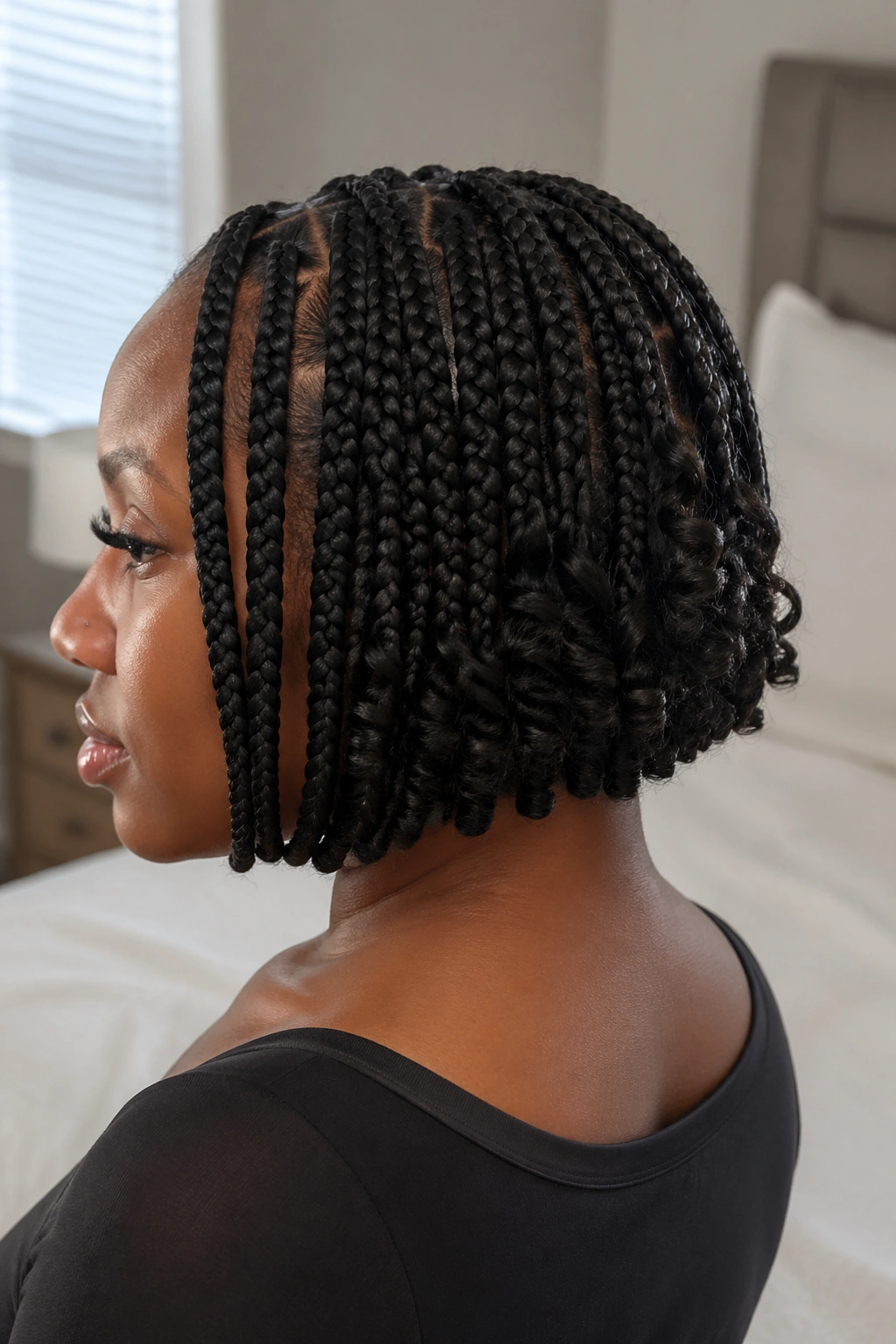 Close-up profile of chin-length bob with braided perimeter and crochet nape
