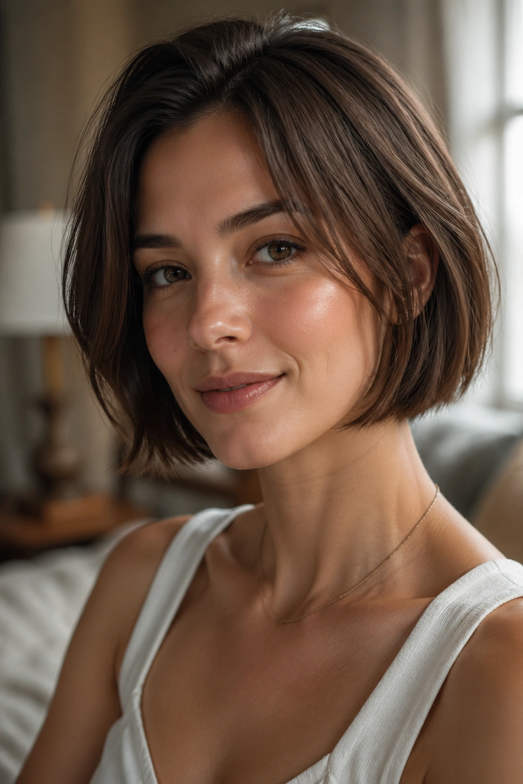 Close-up portrait of a person with chin-length bob to illustrate final hair-length tip
