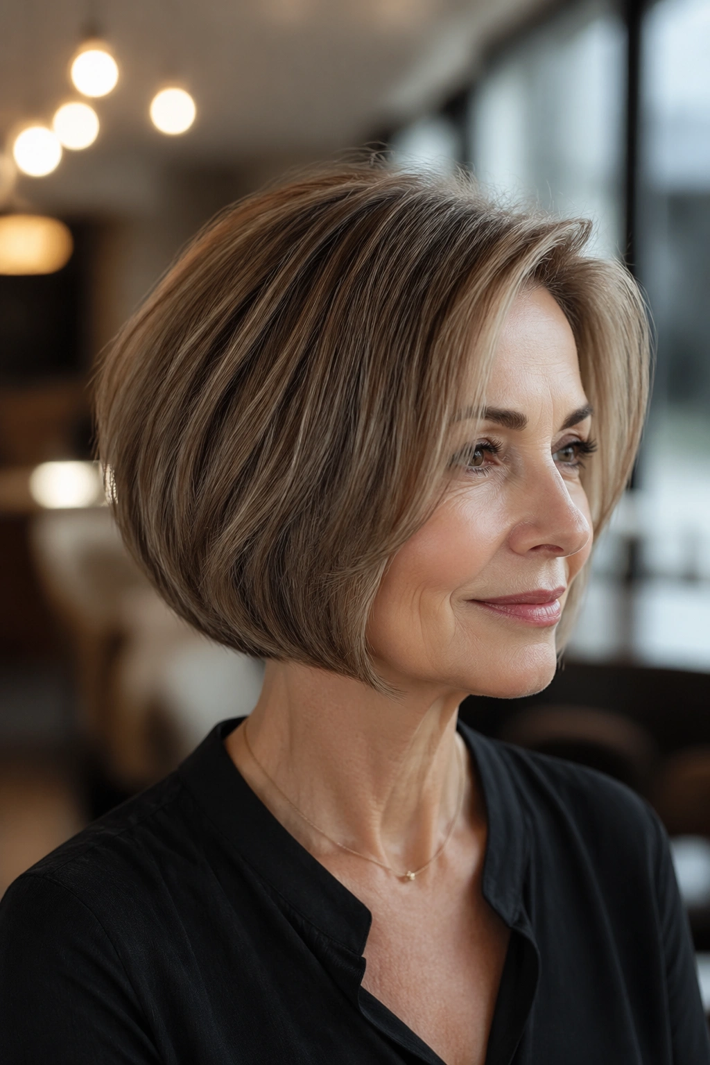 Close-up of a real woman with chin-length bob and micro-layers