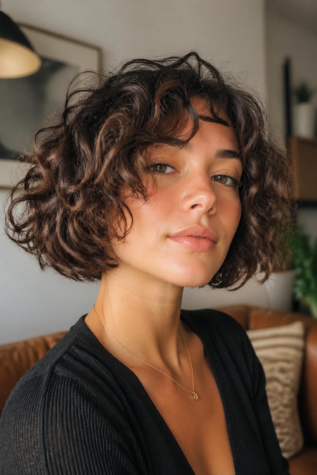 Real woman chin-length curly bob with micro layers close-up
