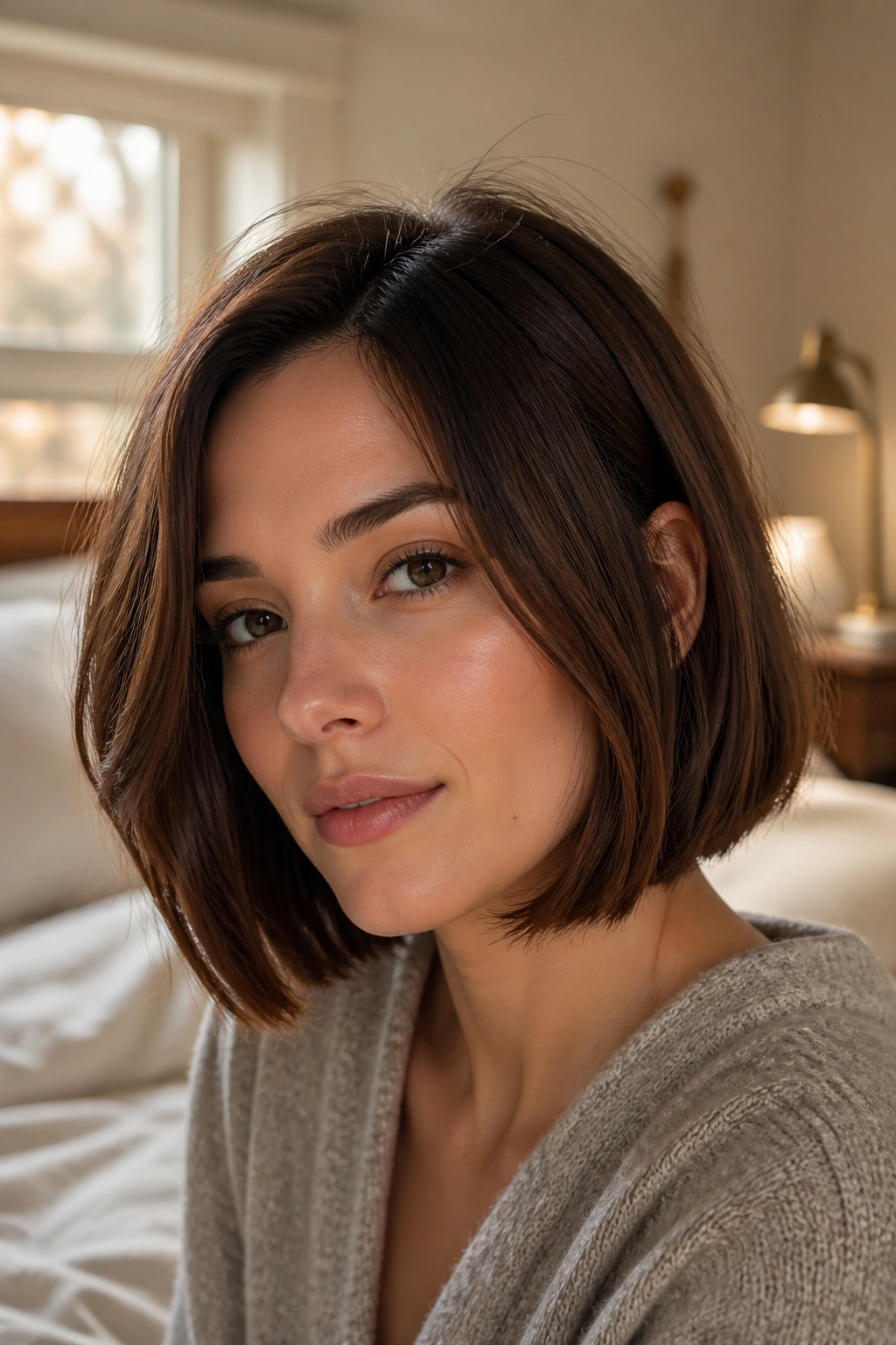 Close-up portrait of a real woman with a chin-length bob framing the jaw in warm window light