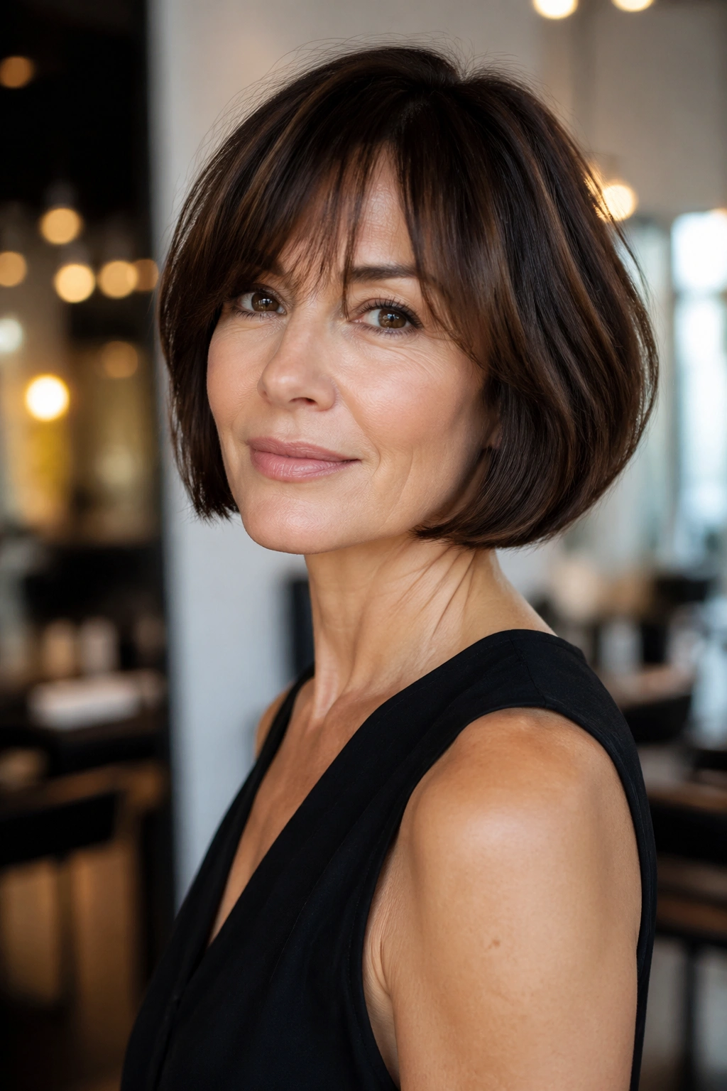 Close-up portrait of a woman with chin-length French bob in a warm salon