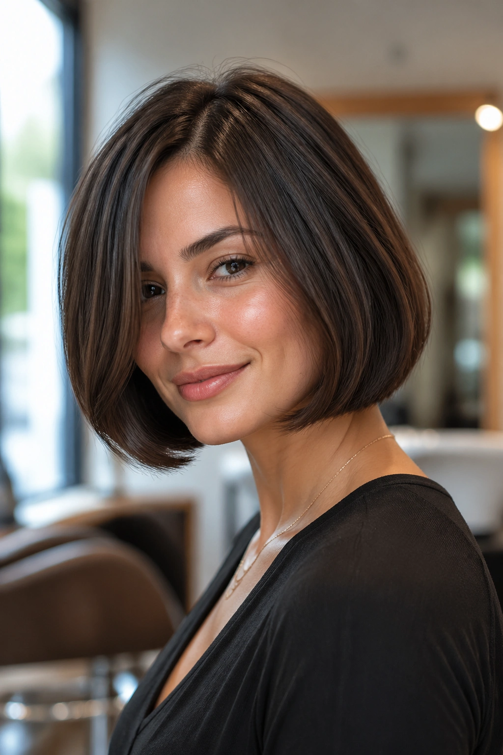 Portrait of a woman with chin-length bob rounded ends and side part