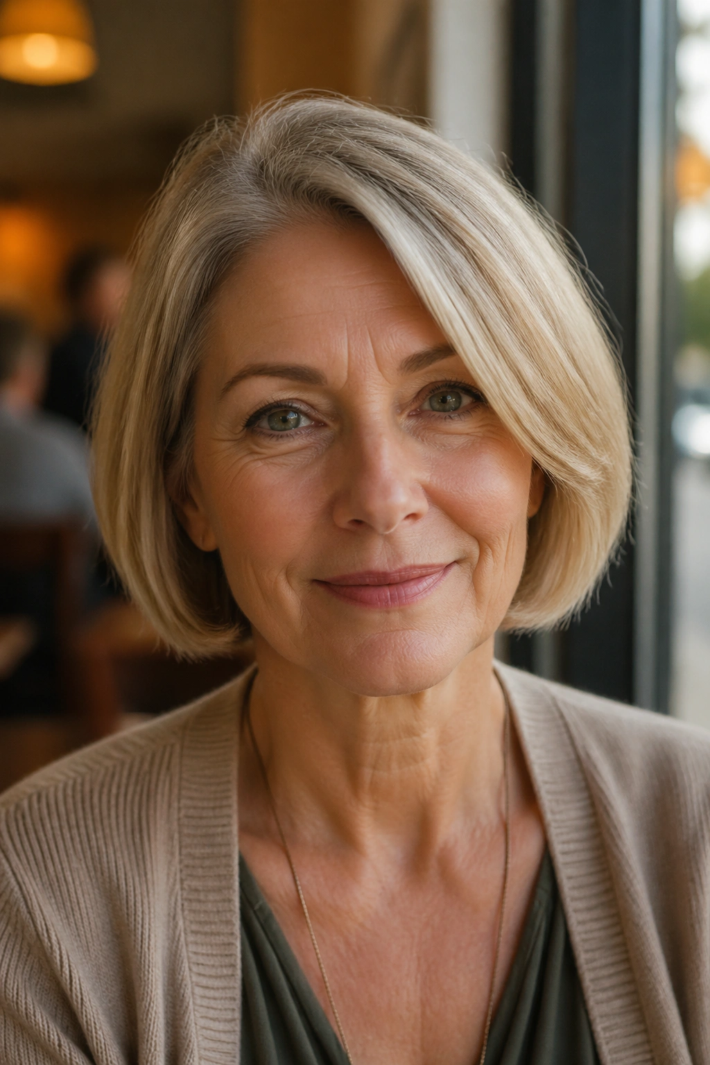 Close-up of a real woman with a chin-length bob and side part in daylight at a cafe window