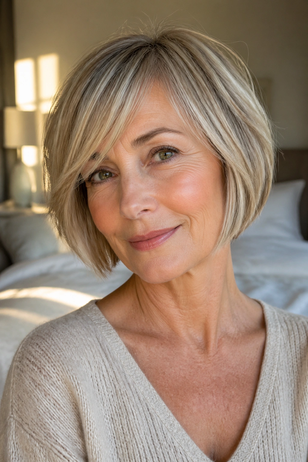 Close-up of an older woman with a chin-length bob and side-swept bangs