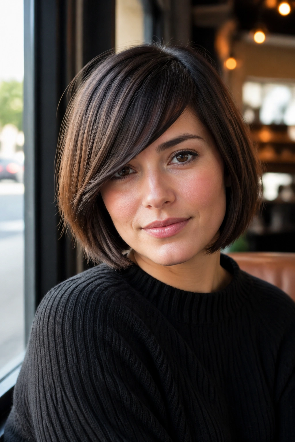 Real woman with chin-length bob and side-swept bangs in a cafe setting.