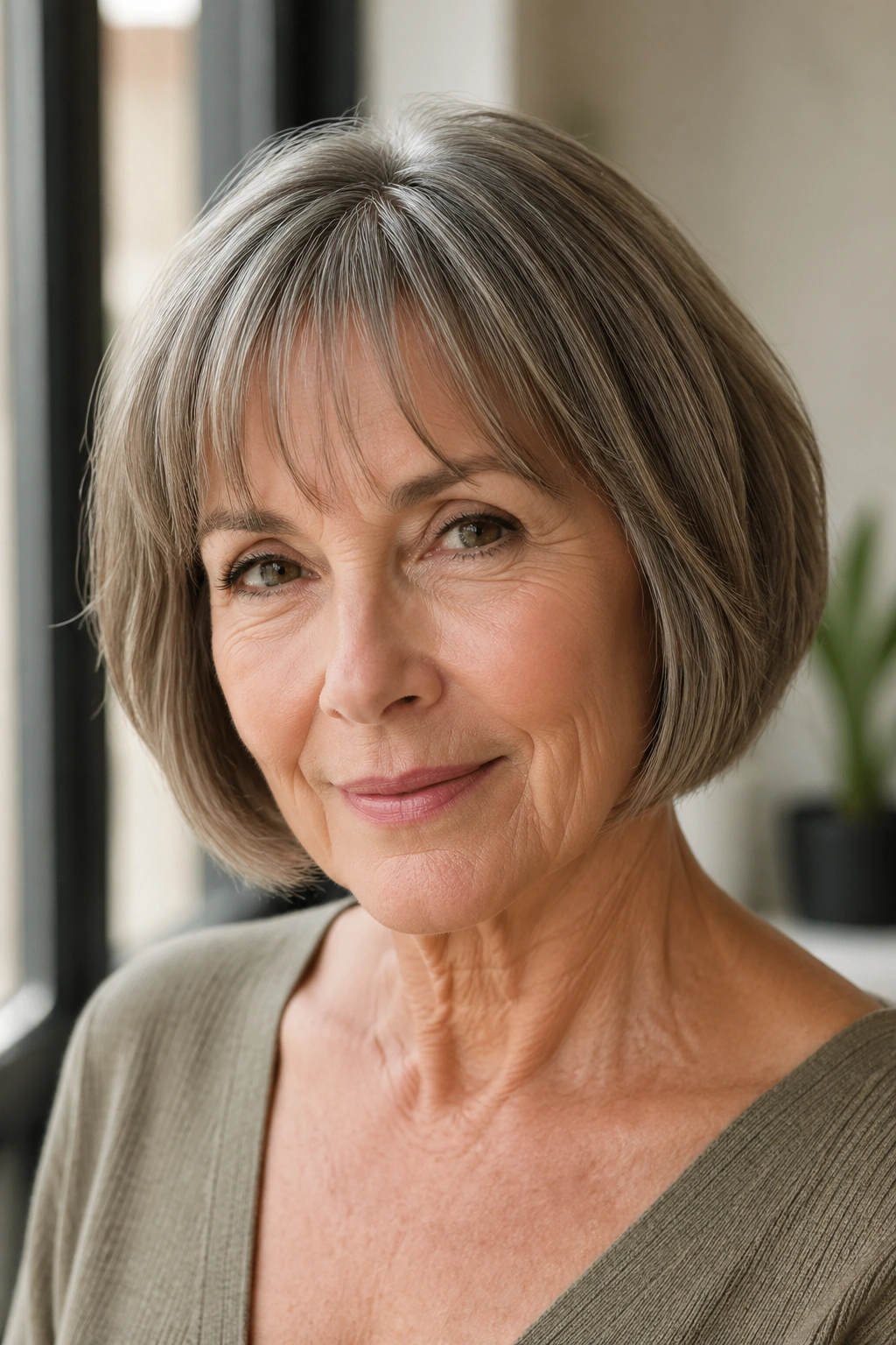 Close-up of a woman with a chin-length bob and wispy bangs by a window