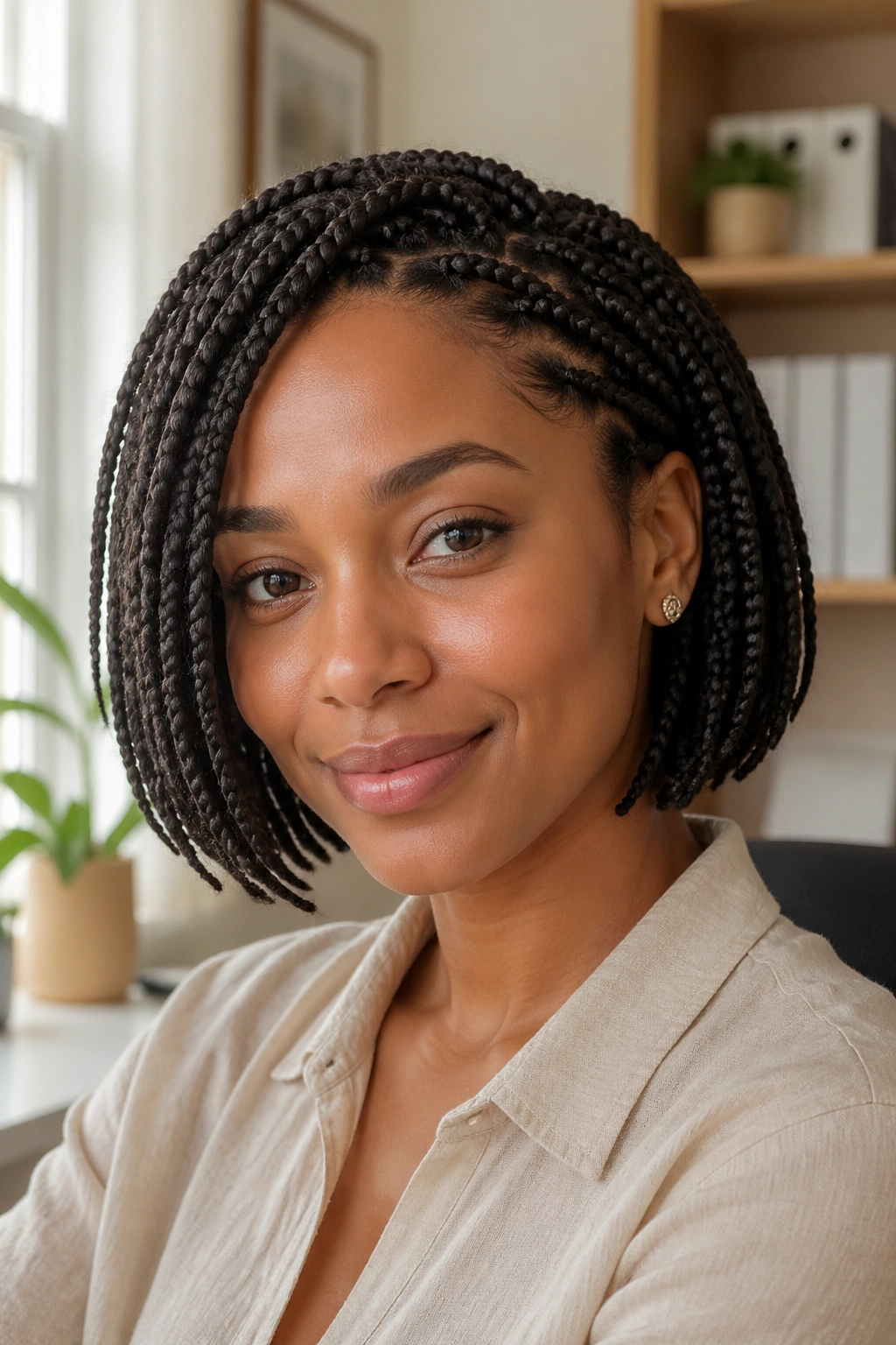 Close-up portrait of chin-length box braids in a bright home office