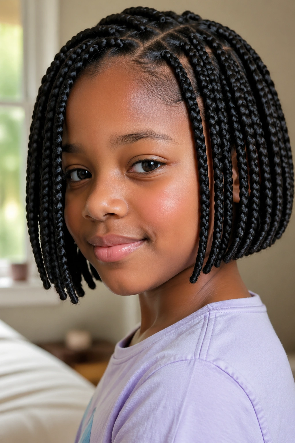 Close-up portrait of a real girl with chin-length box braids and straight parts along the jawline