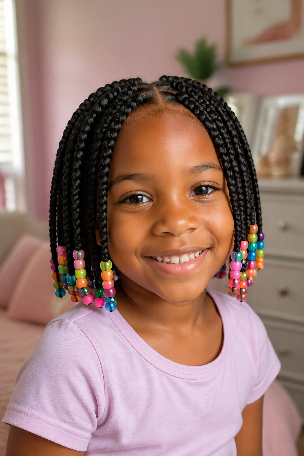 Close-up of a real child with chin-length jumbo box braids and bright beads in a cozy bedroom