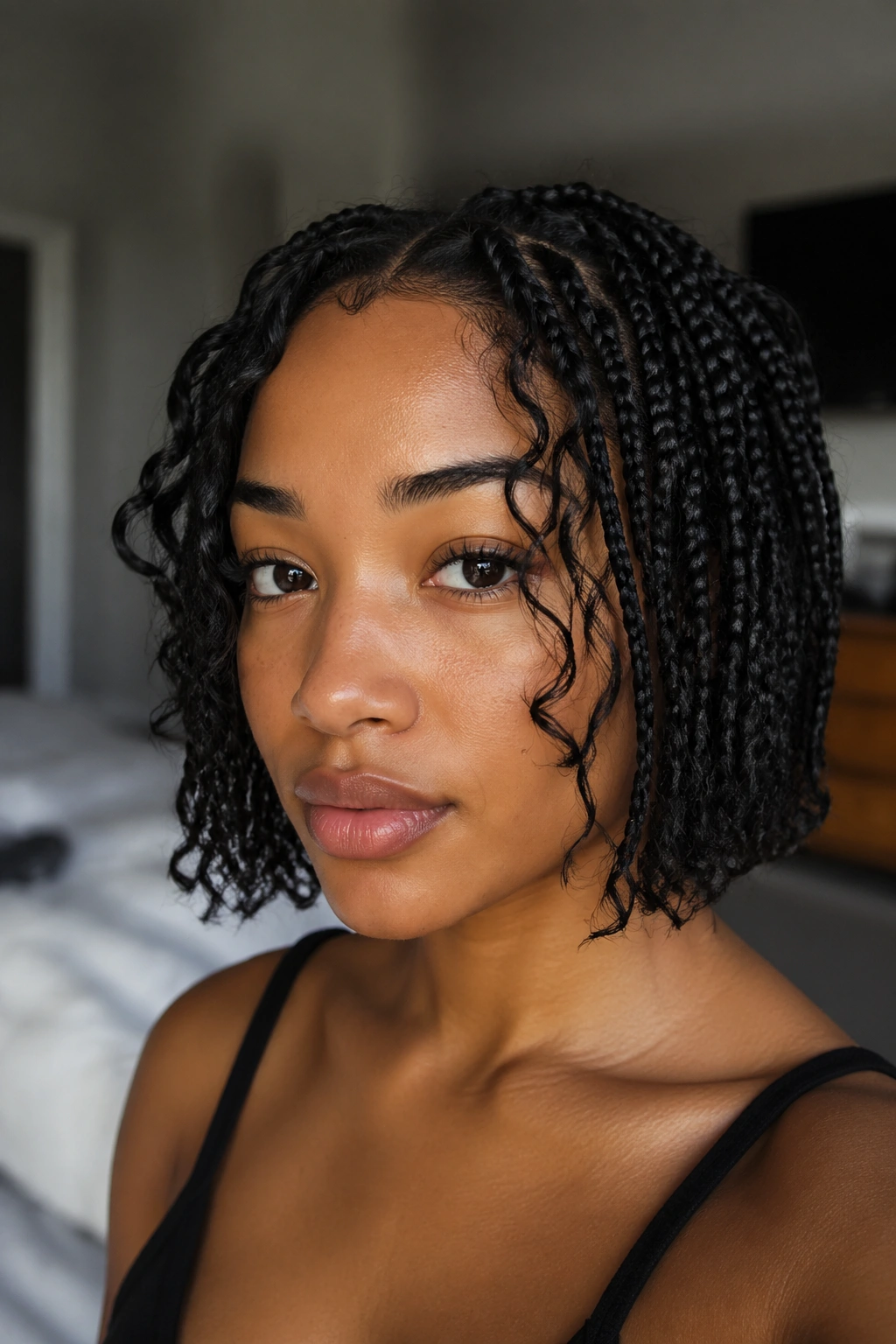 Close-up of chin-length knotless boho braids with soft cheek curls on a real woman