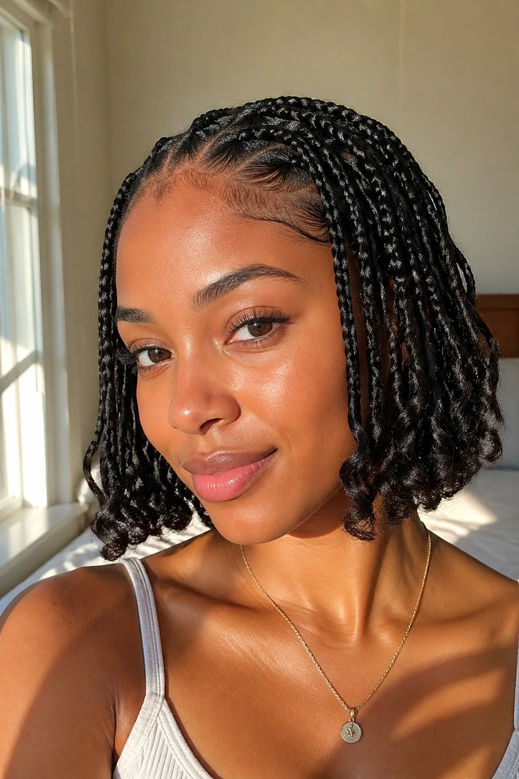 Close-up of chin-length boho box braids with water-wave ends on a real woman by a window