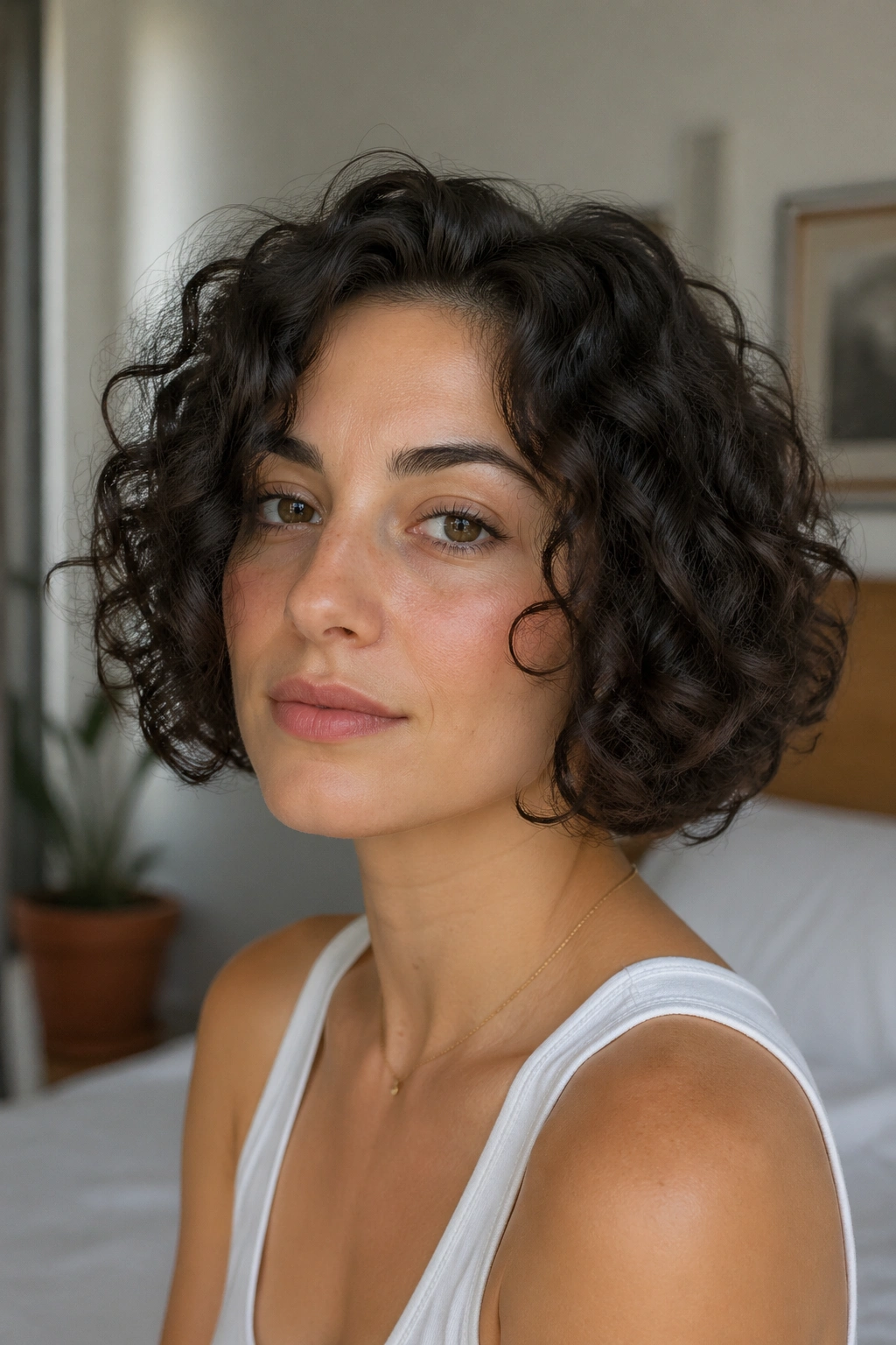 Close-up portrait of a real woman with a chin-length curly bob.