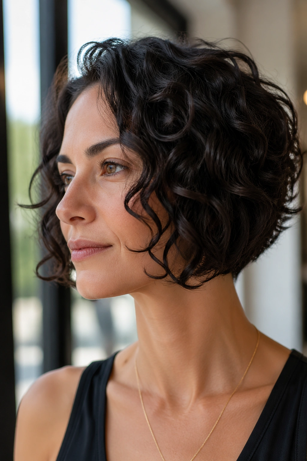 Real woman with chin-length curly inverted bob in bright indoor light