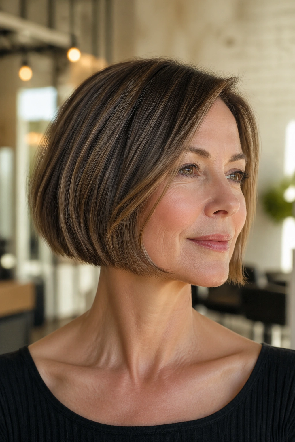 Close-up portrait of a woman with a chin-length French bob.
