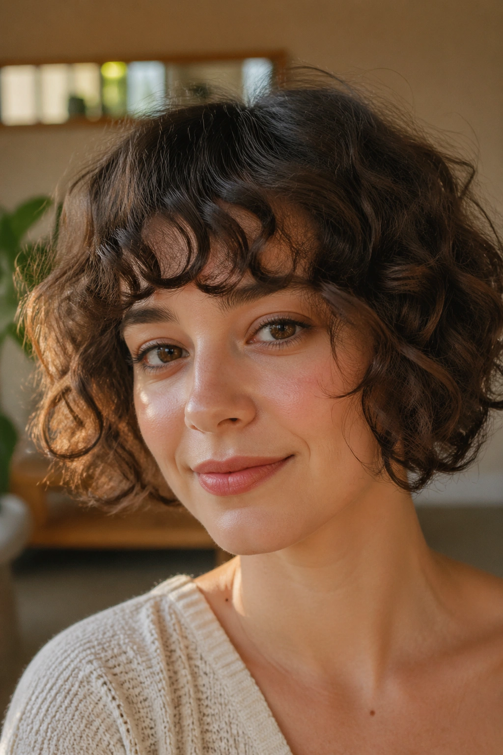 Close-up of a real woman with chin-length loose curls in a French bob perm.