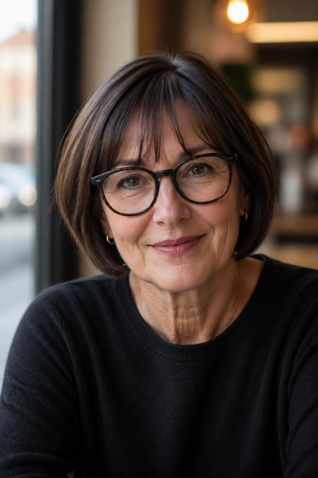 Close-up of a real woman with a chin-length French bob and airy bangs