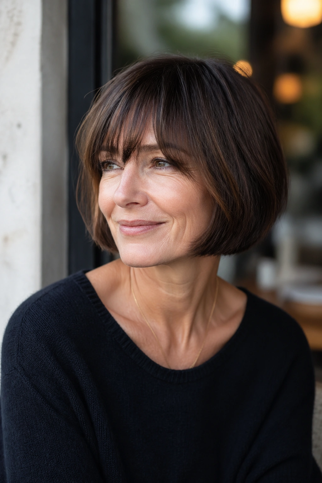 Close-up of a real woman with chin-length French bob and brow-grazing fringe