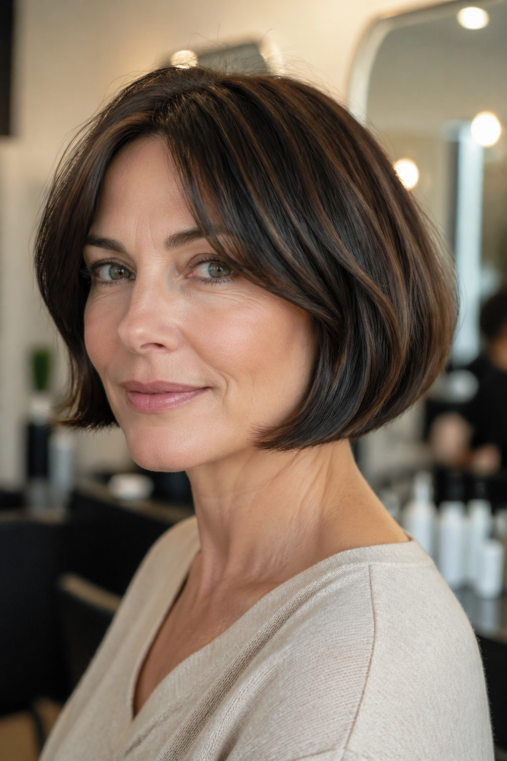 Portrait of a real woman with a chin-length French bob under natural light.